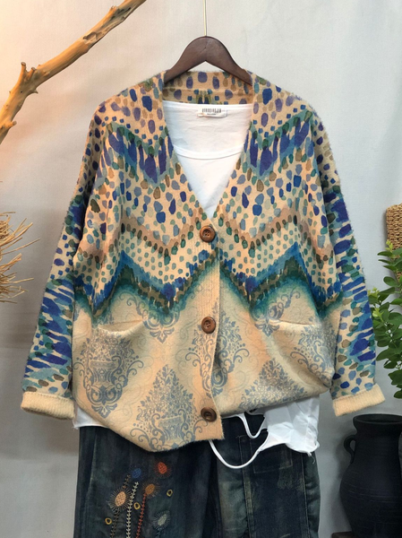

Geometric Ethnic Wool/Knitting V Neck Simple Loose Cardigan, Green, Cardigans
