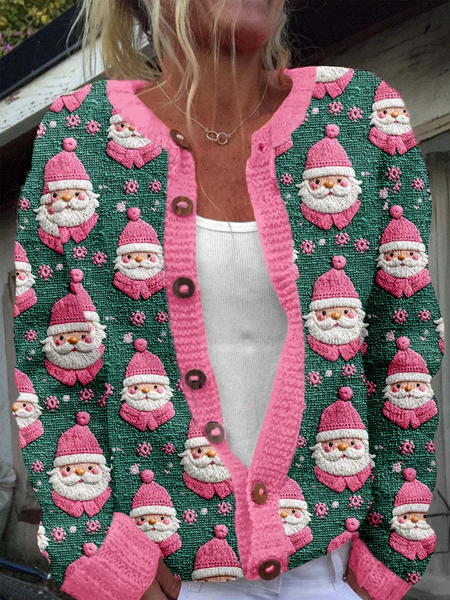 

3D Printing Christmas Winter Santa Claus Cozy Knit Cardigan, Pink, Cardigans