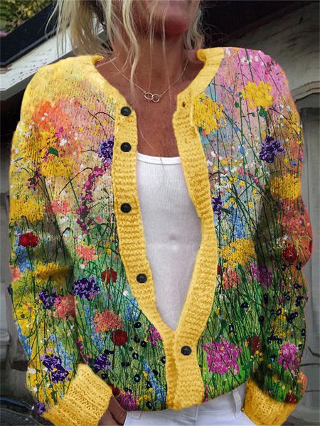 

Women's Casual Winter Floral Knitted Cardigan, Yellow, Cardigans