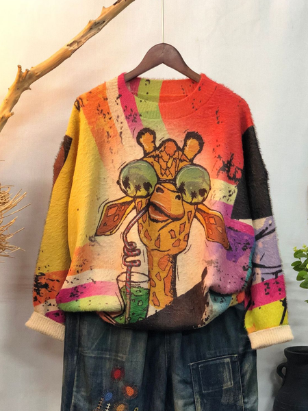 

Deer Crew Neck Simple Knitted Sweater, Red, Sweaters