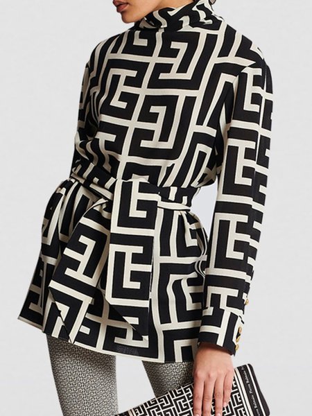 

Turtleneck Urban Geometric Regular Sleeve Blouse With Belt, Black-white, Blouses and Shirts