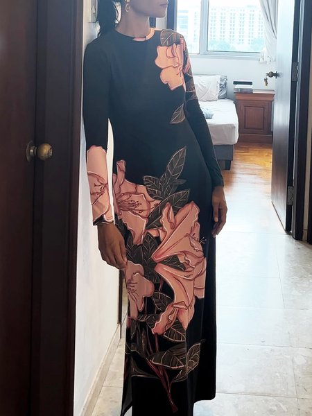 

Floral Elegant Crew Neck Regular Fit Dress, Black, Maxi Dresses