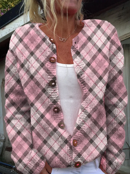 

3D Printing Plaid Color Block Casual Crew Neck Cardigan, Pink, Cardigans
