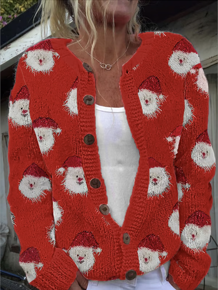 

Women Christmas Santa Knitted Floral Long Sleeve Comfy Casual Cardigan, Red, Outerwear
