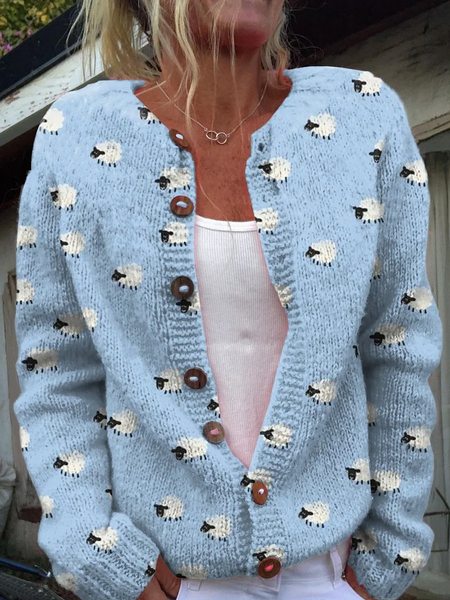 

3D Printing Animal Cute Blue Lamb Print Buttoned Cardigan Sweater, Cardigans