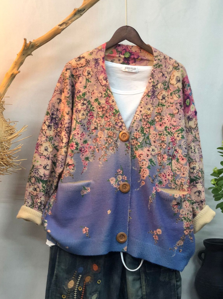 Floral Loose Simple Wool/Knitting Floral Cardigan, Blue, Cardigans