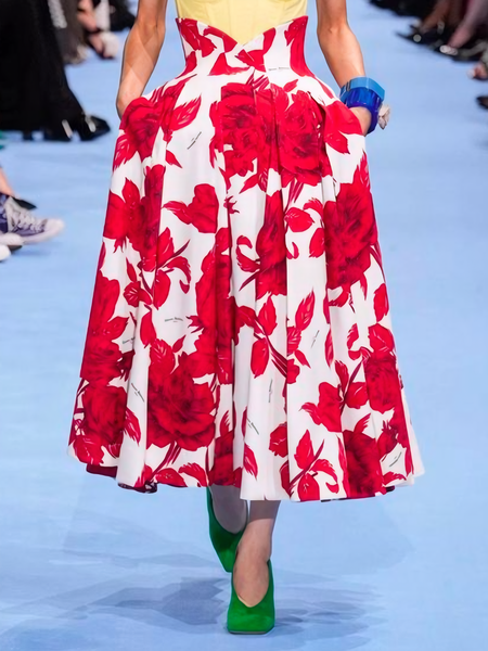Loose Floral Urban Skirt, Red, Skirts