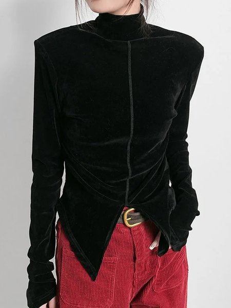 

Turtleneck Regular Sleeve Urban Irregular Craftsmanship T-Shirt, Black, Tees