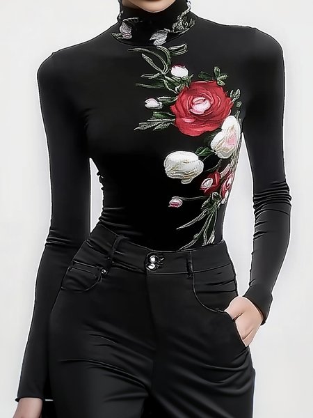 

Tight Turtleneck Casual Floral T-Shirt, Black, Tees