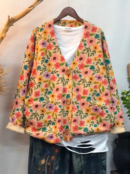 

V Neck Casual Floral Knitting Cardigan, Pink, Cardigans