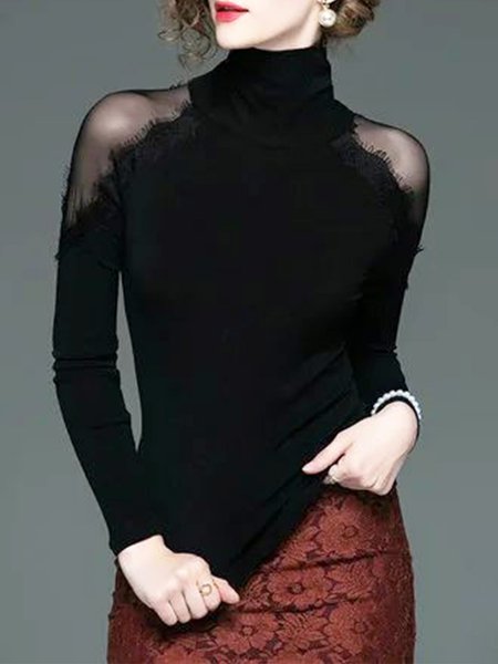 

Elegant Raglan Sleeve Split Joint Plain Turtleneck T-Shirt, Black, Tees