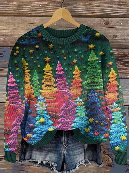 Women Christmas Knitted 3D Printing Long Sleeve Comfy Casual Sweater, Green, Sweaters