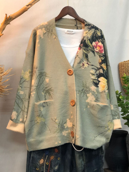 

Floral Loose V Neck Casual Wool/Knitting Cardigan, Green, Cardigans