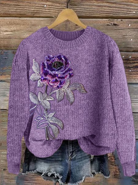 

Women Knitted Maple Leaf Long Sleeve Comfy Casual Sweater, Purple, Sweaters