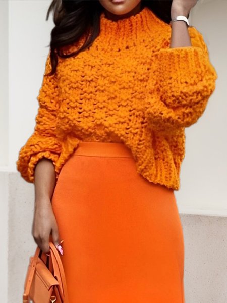 

Plain Urban Turtleneck Long Sleeve Sweater, Orange, Pullovers