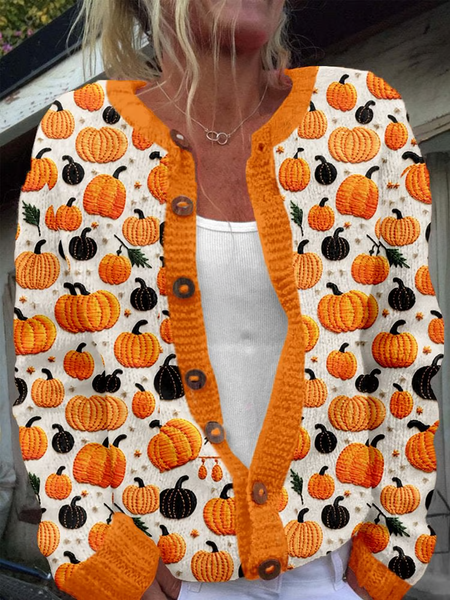 

Lady Cute Pumpkin Crew Neck Casual Regular Fit Cardigan, Orange, Cardigans