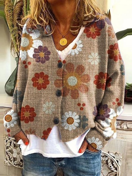 

V Neck Knitted Casual Floral Cardigan, Color7, Cardigans