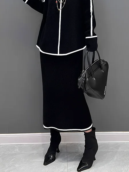 

High Elasticity Casual Color Block Midi Sweater Skirt, Black-white, Skirts
