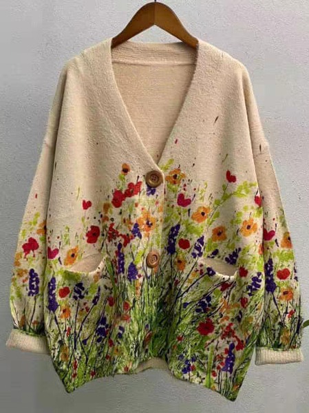 

Floral Casual Wool/Knitting V Neck Loose Cardigan, Apricot, Cardigans