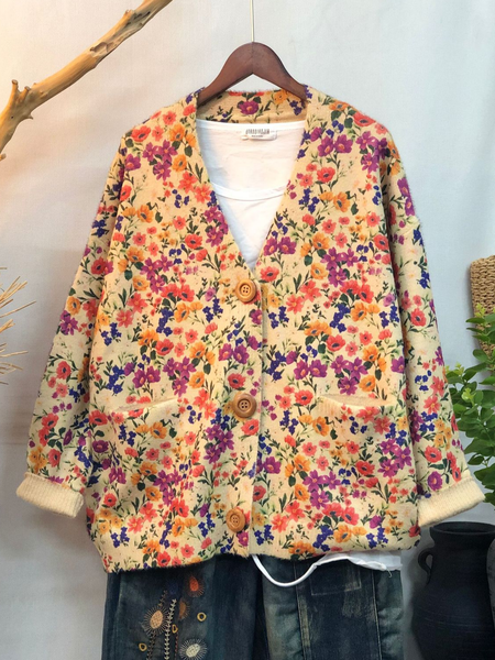 

Wool/Knitting Floral V Neck Casual Cardigan, Pink, Cardigans