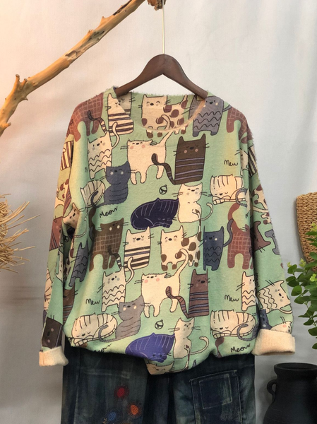 

Crew Neck Simple Knitted Cat Sweater, Green, Sweaters