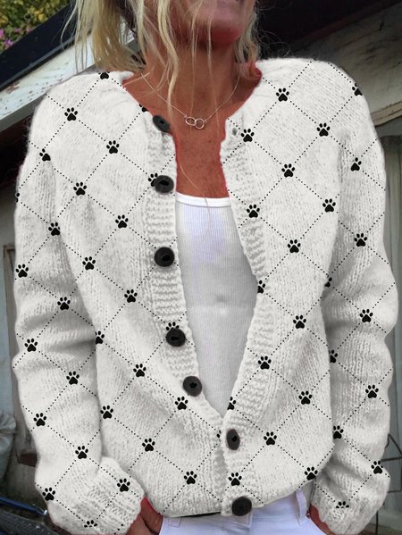 

Dog paw plaid button knit cardigan, White, Cardigans