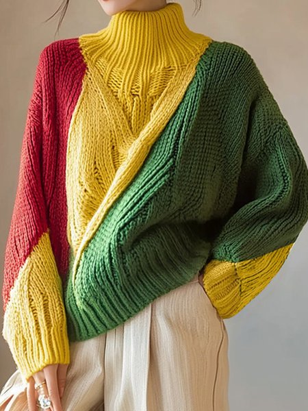 

Turtleneck Casual Color Block Loose Sweater, As picture, Pullovers