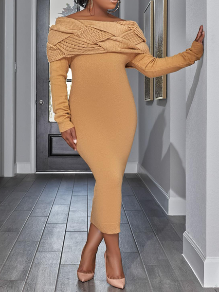

High Elasticity Tight Elegant Cold Shoulder Long Sleeve Midi Sweater Dress, Khaki, Midi Dresses