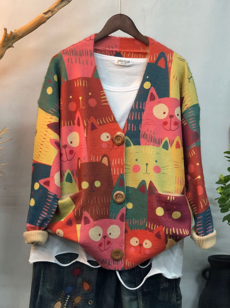 Funnt Cat Print Knitting Simple Cat Loose Cardigan, Red, Cardigans