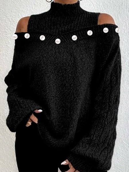 

Casual Plain Long Sleeve Loosen Turtleneck Sweater, Black, Pullovers