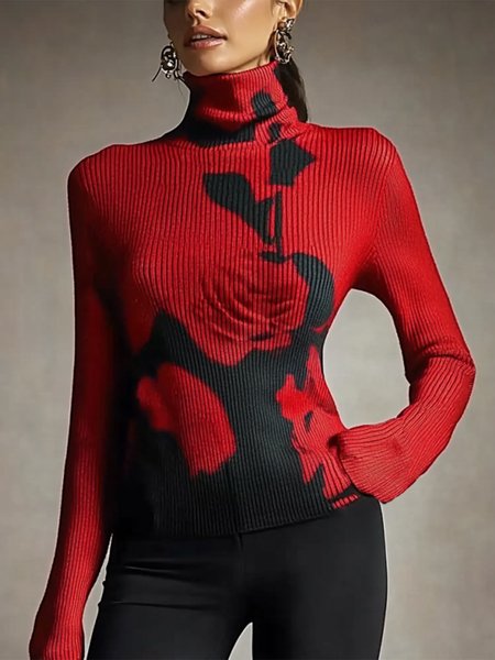 Long Sleeve Tight Floral Elegant Sweater, Black-red, Pullovers