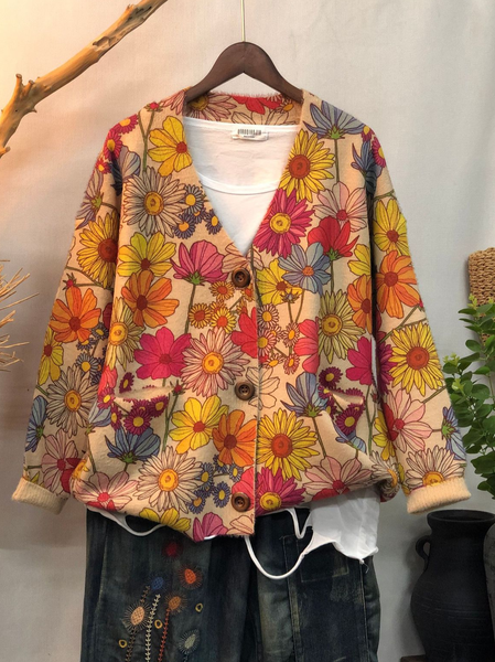 

Floral Simple Wool/Knitting Cardigan, Red, Cardigans