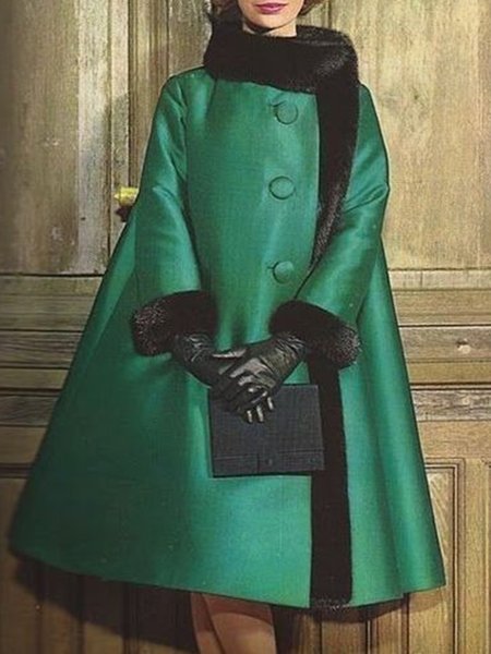 

Urban Stand Collar Plain Split Joint Fur Collar Coat, Green, Coats