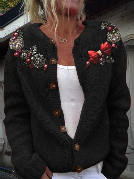 

Knitted 3D Printing Casual Regular Fit Cardigan, Black, Cardigans