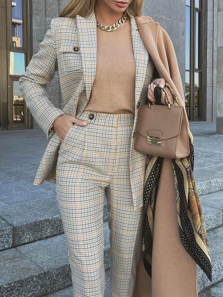Lapel Collar Urban Plaid Long Sleeve Blazer, As picture, Blazers