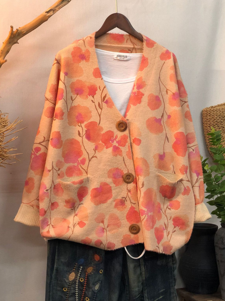 Wool/Knitting Casual Floral Loose Cardigan, Pink, Cardigans
