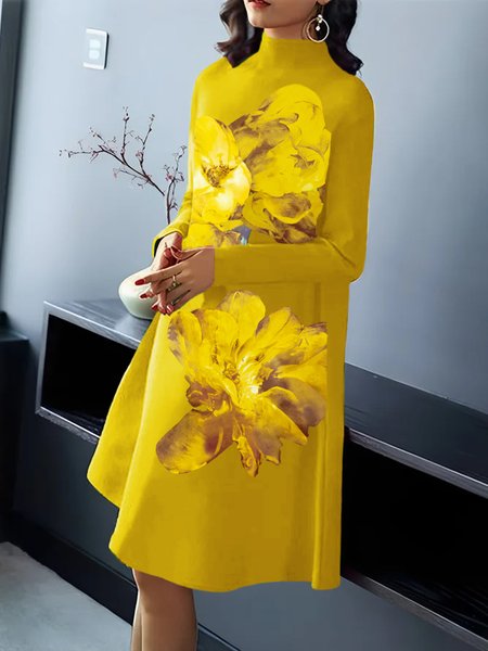 

Casual Floral Long Sleeve Loosen Sweater Dress, Yellow, Mini Dresses