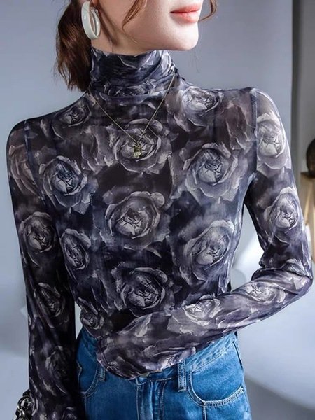 

Floral Printing Long Sleeve Tight Urban T-Shirt, As picture, Tees