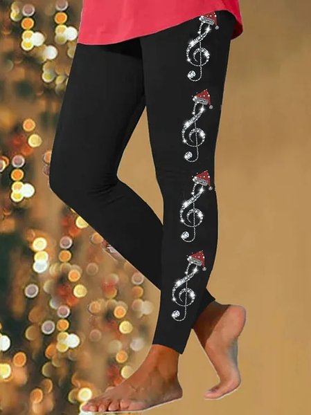 

Christmas Treble Clef Printed Casual Leggings, Black, Leggings