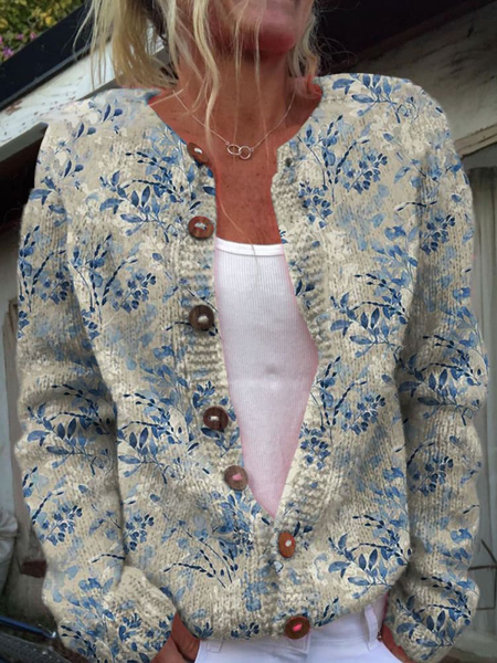 

Vintage Flower Art Print Buttoned Cardigan, Blue, Cardigans