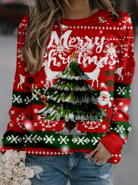 

Christmas Tree Loose Casual Crew Neck Sweatshirt, Red, Hoodies&Sweatshirts