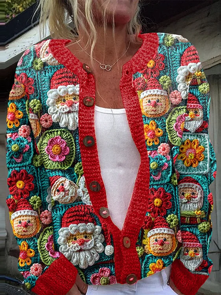 

3D Printing Christmas Santa Crochet Art Print Long Sleeve Knitted Cardigan, Red, Cardigans