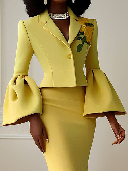 

Floral Applique Regular Fit Lapel Collar Long Sleeve Elegant Ruffle Sleeve Blazer, Yellow, Blazers