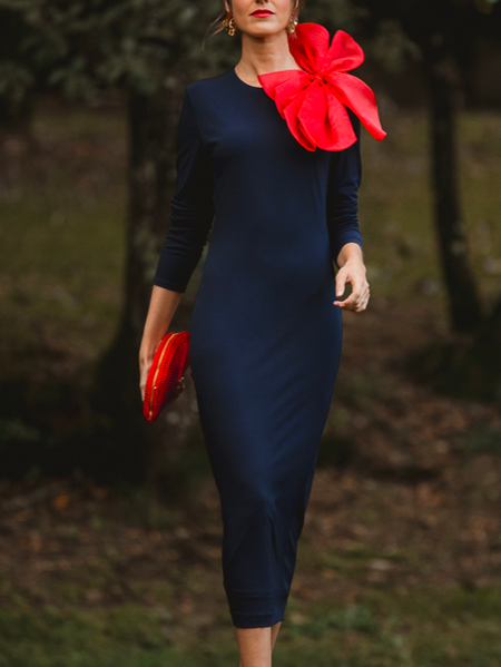 

Plain Regular Sleeve 3D Floral Tight Elegant Midi Dress, Blue, Midi Dresses