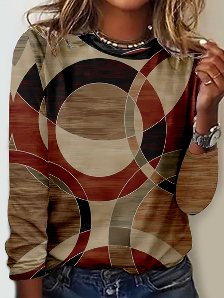 

Casual Geometric Crew Neck Long Sleeve T-shirt, Khaki, T-shirts