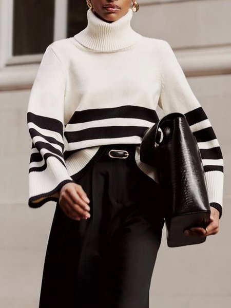 

Urban Striped Regular Sleeve Turtleneck Sweater, Black-white, Pullovers