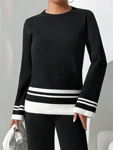 

Crew Neck Color Block Striped Casual Sweater, Black, Pullovers