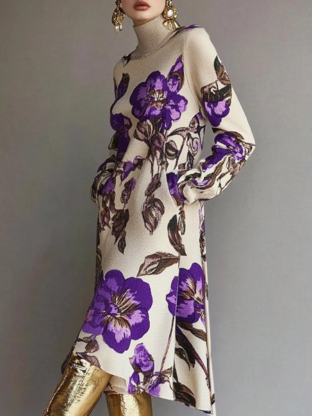 

Floral Turtleneck Elegant Long Sleeve Sweater Dress, Purple, Midi Dresses