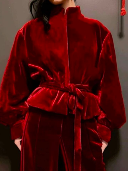 

Casual Stand Collar Regular Fit Regular Sleeve Plain Jacket With Belt, Red, Jackets