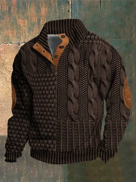 

Men's Casual Vintage Print Half Collar Button Sweatshirt, Coffee, Hoodies&Sweatshirts
